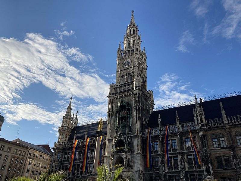 Facade of the new town hall with pointed tower (carillon)