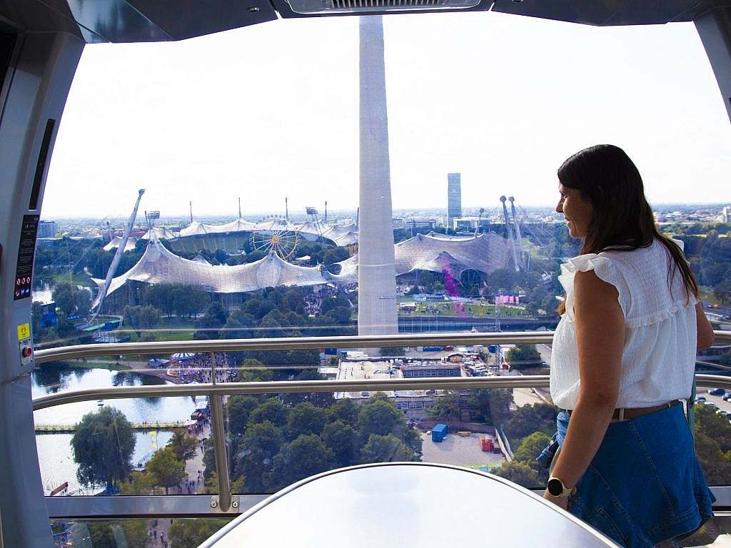 View over the tent roofs of the Olympic site and Munich from the cabin above