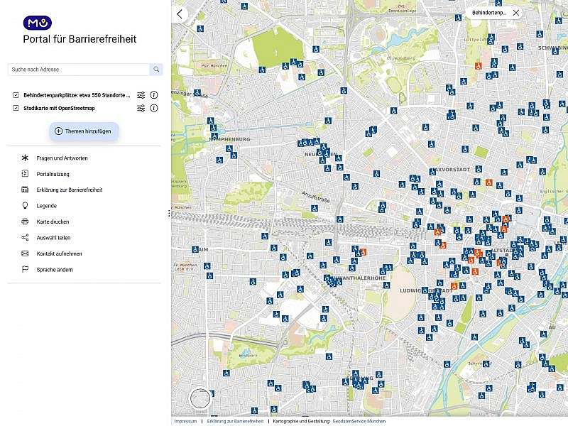 Portal für Barrierefreiheit Karte von München mit vielen kleinen blauen und einigen roten Rollstuhl-Symbolen